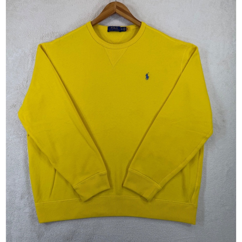 Polo Ralph Lauren Mens XL Yellow Crewneck Sweatshirt Blue Pony Fleece Pullover